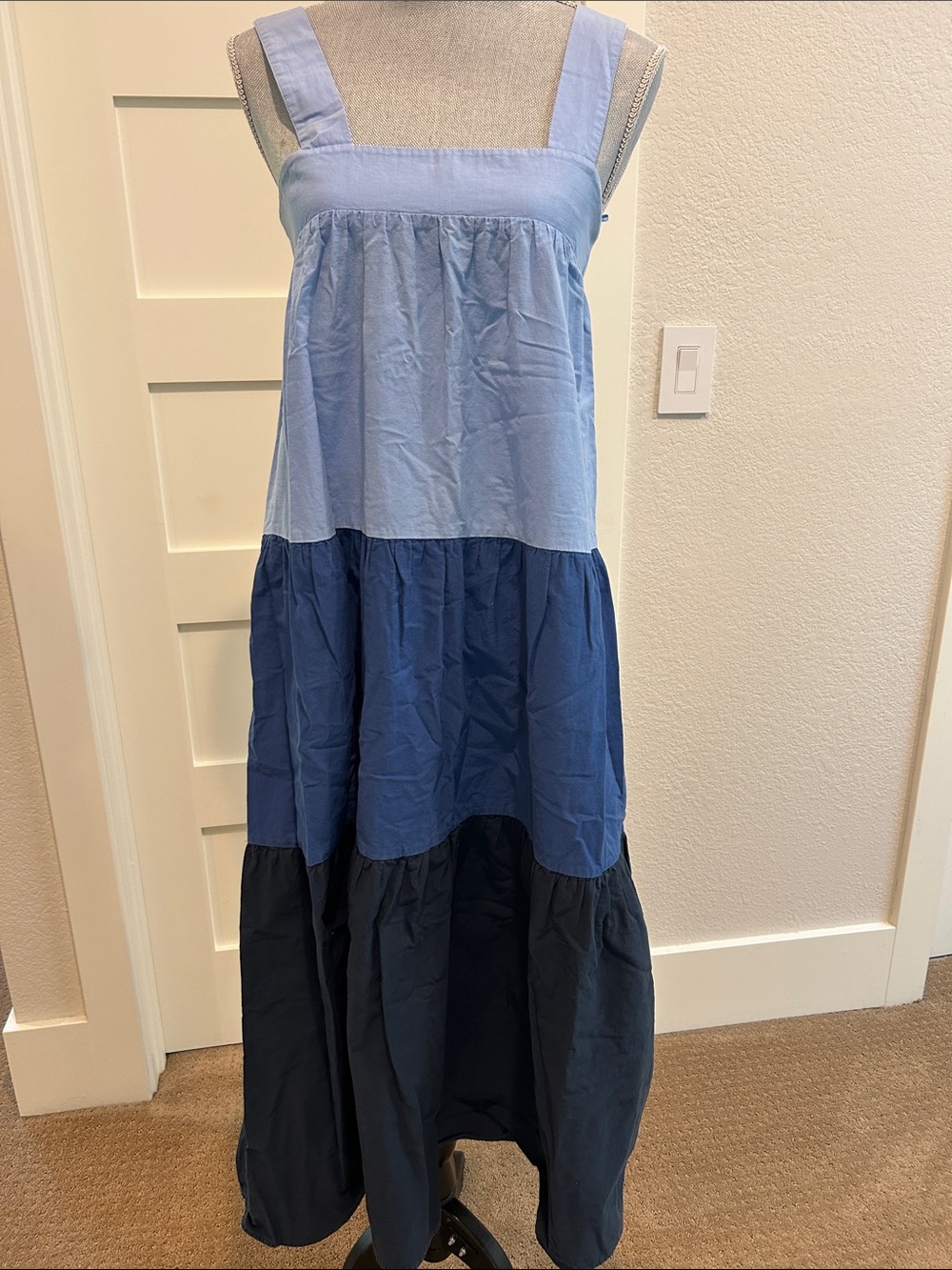 Zara Light Blue and Navy Tiered Maxi Dress